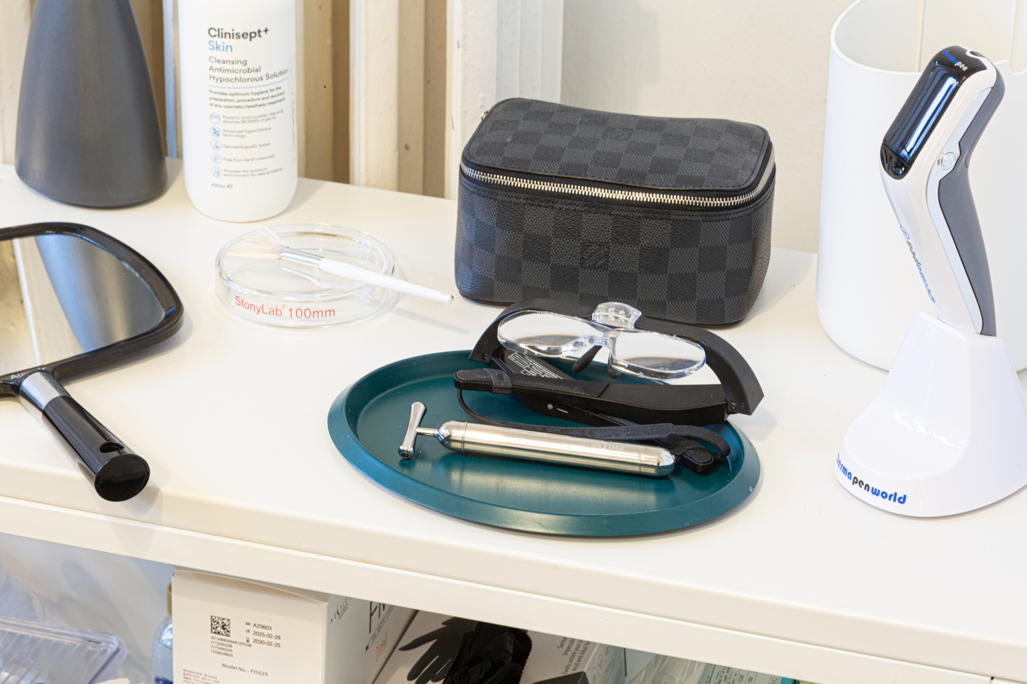 Marco's pristine, clean equipment table in his dedicated aesthetics studio in London